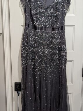 Adrianna Papell Beaded Charcoal Gray Asymmetrical Evening Gown